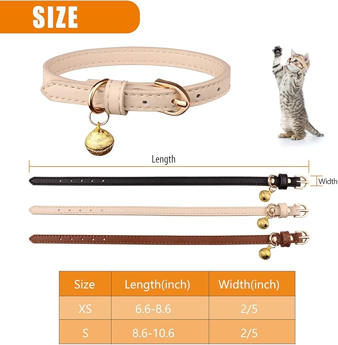 3 Pack Leather Cat Collars with Bells Soft Pet Safety Collar Kitten Collars with Bell Black Chocolate Beige(XS)