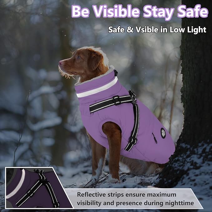 Dogcheer Dog Coat with Harness, Waterproof Dog Jacket, Reflective Puppy Winter Jacket with Pocket, Doggy Turtleneck Fleece Vest for Small Medium Large Dogs - Taro Purple, XS