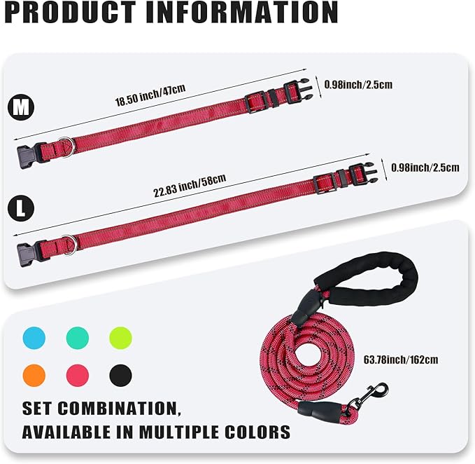 Nylon Dog Leash for Medium Large Dogs, 5-FTReflective Heavy Duty Leash with Comfortable Handle & Poop Bag Dispenser Ring, 1/2 Inch Wide, Secure Reinforcement for Walking (Red, L)