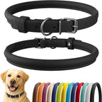 CollarDirect Rolled Leather Dog Collar, Soft Padded Round Puppy Collar, Handmade Genuine Leather Collar Dog Small Large Cat Collars 13 Colors (15-19 Inch, Black Smooth)