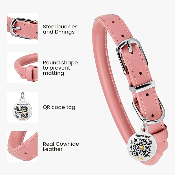 BRONZEDOG Rolled Leather Dog Collar for Small Medium Large Dogs with QR ID Tag (XS: 9-11 Inch, Powder Pink)