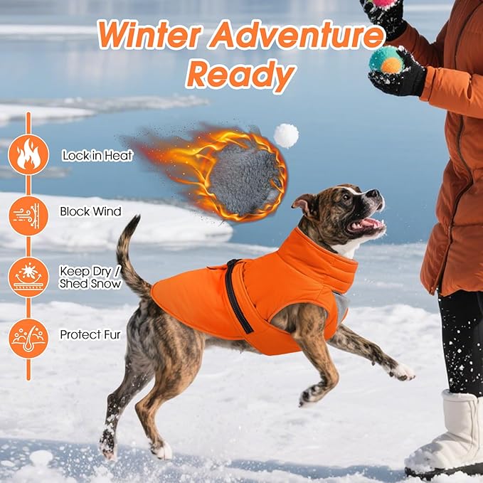 Extra Large Dog Coat, Warm Dog Winter Jacket, Waterproof Dogs Snowsuit with Foldable High Collar, Reflective Strips, Adjustable Hook & Loop Closure - Ideal for Cold Weather - Orange 4XL