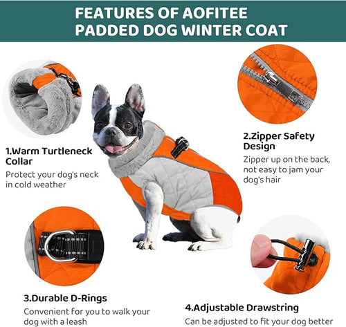 AOFITEE Dog Winter Coat, Dog Coat for Large Dogs, Reflective Large Dogs Jacket with Harness Built in and Fleece Lined, Waterproof Pet Winter Jacket Warm Snowsuit for Cold Weather, Orange XXL