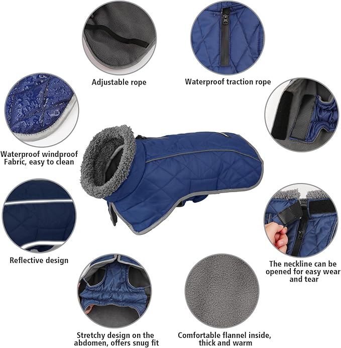 Fragralley Dog Coat Large, Waterproof Dog Jacket with Warm Fleece Lining, Adjustable Reflective Dogs Winter Coat, Turtleneck Pet Coats for Cold Weather (Blue L)