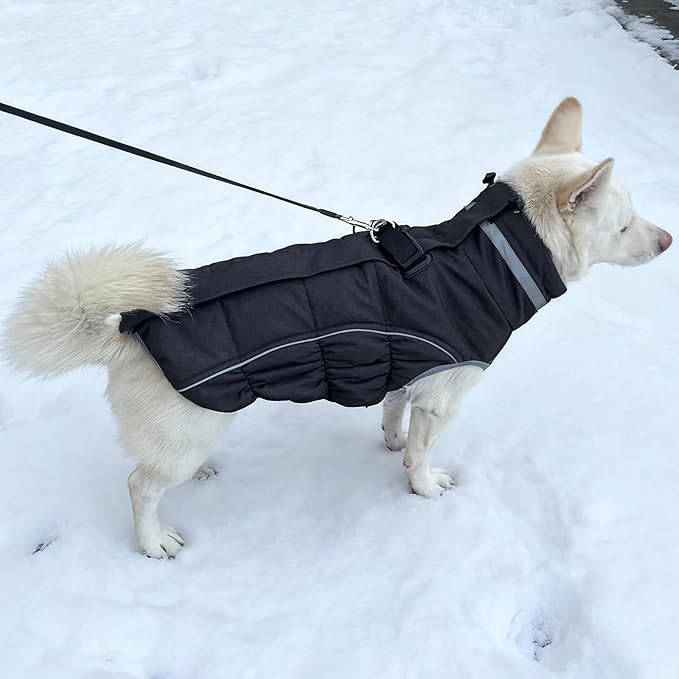 Malier Dog Coat, Reflective Dog Jacket Waterproof Windproof Puppy Cold Weather Coats with Harness Built in, Winter Extra Warm Pet Coat Fleece Vest for Small Large Pets and Puppy (Black, XXX-Large)