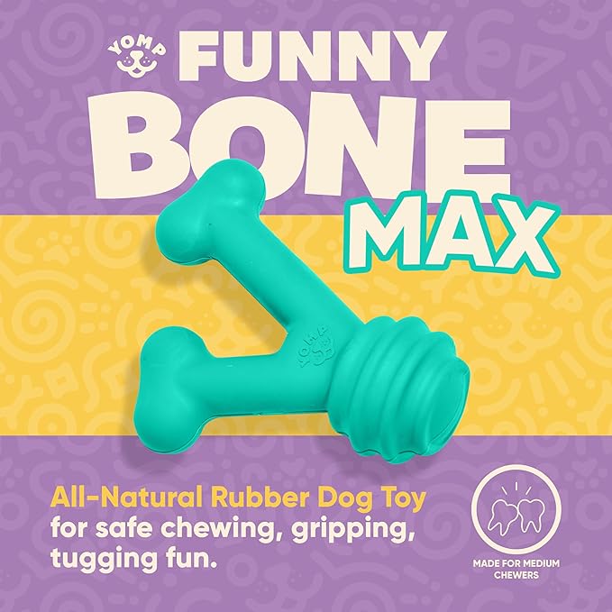 Yomp FunnyBone MAX: All-Natural Rubber Dog Toy, Nontoxic, Safe for Pet Play (Teal)