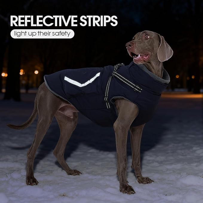 FUAMEY Reflective Dog Winter Coat, Fleece Lined Jacket for Large Dogs Back Zipper, Turtleneck Cozy Doggy Vest Thermal Clothes with Harness, Cold Weather Snow Outfits, Labrador (Dark Blue, 3XL)