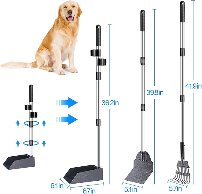 TNELTUEB Dog Pooper Scooper Set, 3 Pack Adjustable 49.1 Inches Long Handle Metal Tray, Rake and Spade Poop Scoop for Waste Removal, No Bending Clean Up for Large and Small Dog