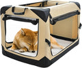 Pettycare 30 Inch Collapsible Dog Crate for Medium Dogs, 4-Door Foldable Soft Dog Kennel with Chew Proof Mesh Windows, Indoor & Outdoor Travel Dog Crate, Beige