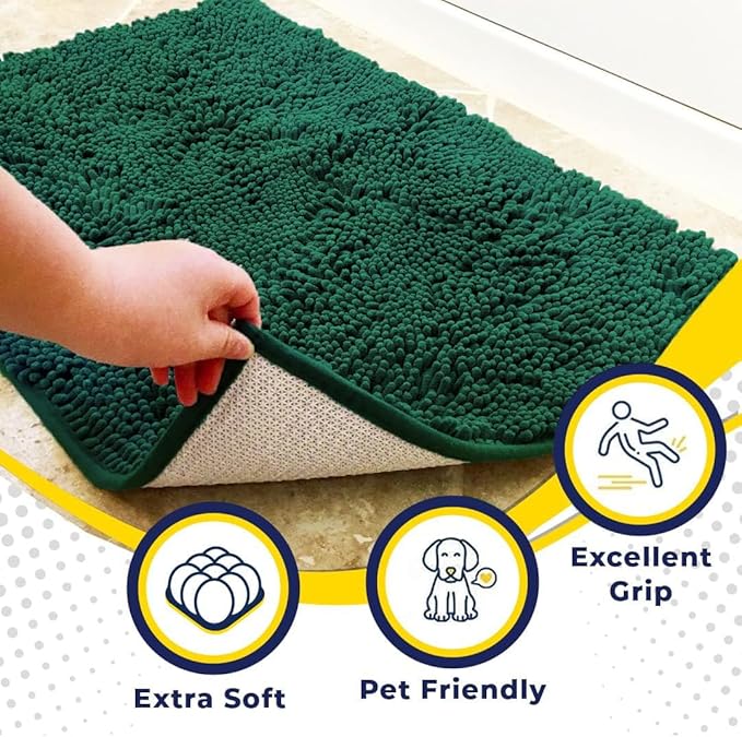 Muddy Mat® AS-SEEN-ON-TV Highly Absorbent Microfiber Door Mat and Pet Rug, Non Slip Thick Washable Area and Bath Mat Soft Chenille for Kitchen Bedroom Indoor and Outdoor - Dark Green 24" x 96"