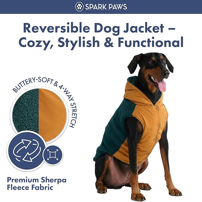 Spark Paws Reversible Dog Sweater, Sherpa Vest with Warm Fleece Lining, Warm Coat for Winter, Suitable for Small Medium, Large, XL XXL Dogs - Orange and Green - S