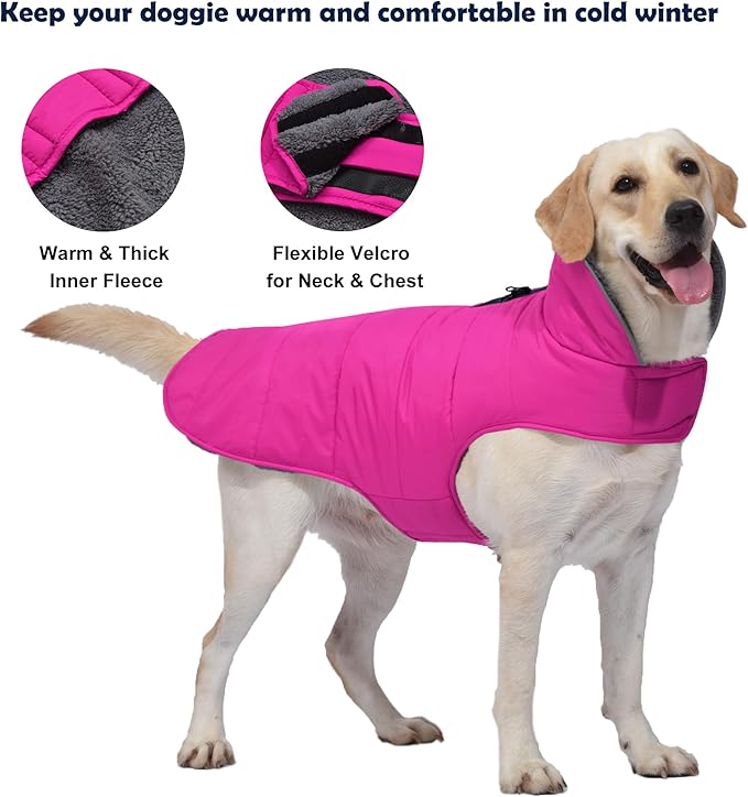Dog Winter Coat, Waterproof Dog Jacket with Leash Hole, Reflective Adjustable Pet Snow Vest, Warm Fleece Sweater for Small Medium Large Dogs - Pink, M