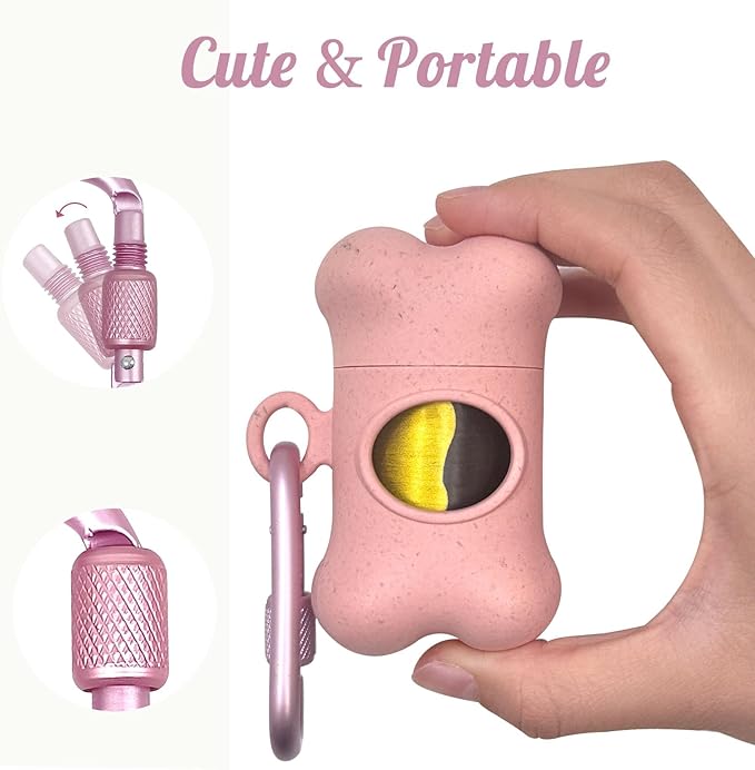 Bone-Shaped Dog Poop Bag Holder for Leash |Dispenser with 135Leak-Resistant Waste Bags & Carabiner Clip（Pink）