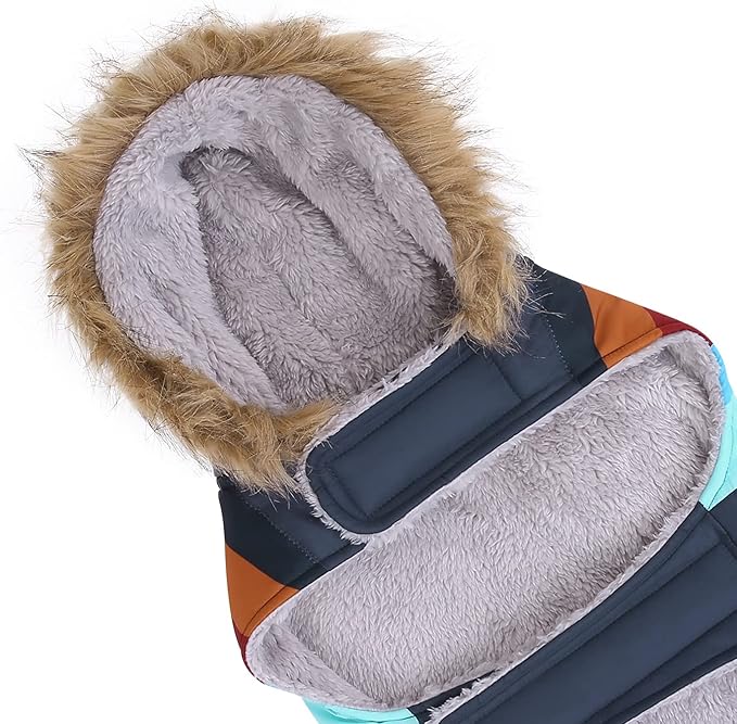 HDE Dog Puffer Jacket Fleece Lined Warm Dog Parka Winter Coat with Harness Hole Navy Retro Stripe - S