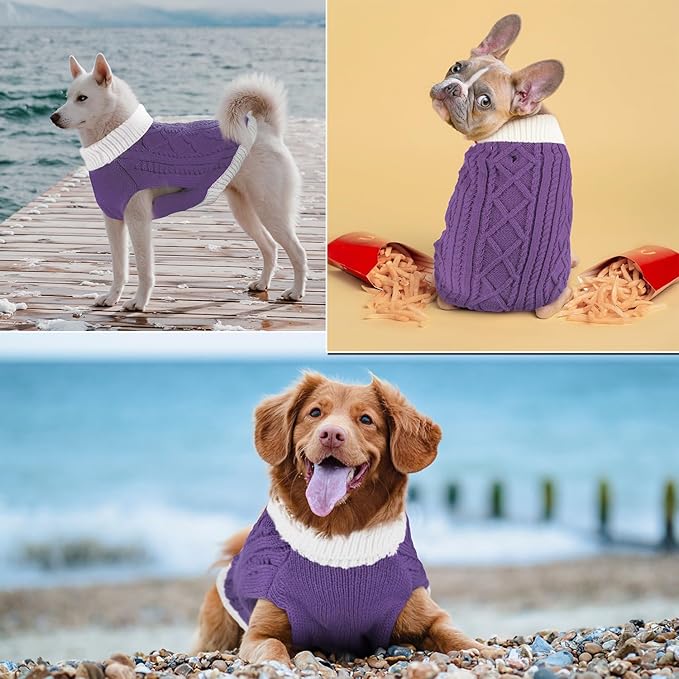 Small Dog Sweaters with Leash Hole Turtleneck Dog Sweaters Knitwear Boys Girls Warm Soft and High Stretch Pet Clothes for Fall Winter，Pet Shirts for Kitten Puppy Purple Medium