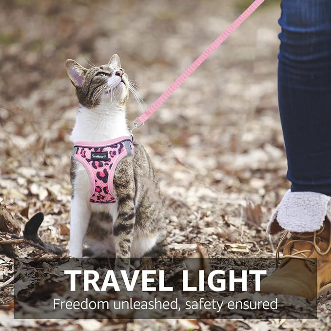 SCENEREAL Cat Harness & Leash Set Escape Proof - Adjustable Air Mesh Vest with Reflective Strips for Kittens, Puppies, Rabbits, Pink Leopard M