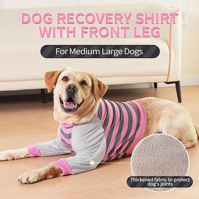 FUAMEY Dog Recovery Sleeve with Elbow Protector,Dogs Shirt Stop Licking Joints,Pet Long Sleeve Suit Protecting Dog's Front Leg Arm Wounds Cover Skin Conditions Pink Stripes M