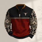 HOTYD Aztec Cowboy Jacket Men Vintage Bullhorn Printed Oversized Western Sweatshirt Long Sleeve Quarter Zip Pullover