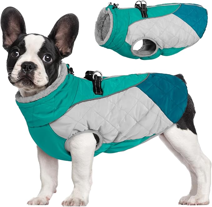 AOFITEE Dog Coat, Dog Winter Coat, Reflective Small Dogs Jacket with Harness Built in and Fleece Lined, Waterproof Pet Winter Jacket Warm Snowsuit for Small Medium Large Dogs, Green M