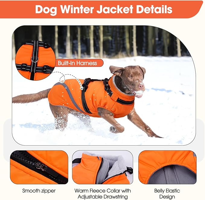 BRKURLEG Dog Winter Jackets for Small Dogs, Dog Coat with Harness Built in, Dogs Snowsuits with Zipper, Waterproof Windproof Pet Puffer Jacket Fleece Vest for Chihuahua, Yorkie, Orange XS