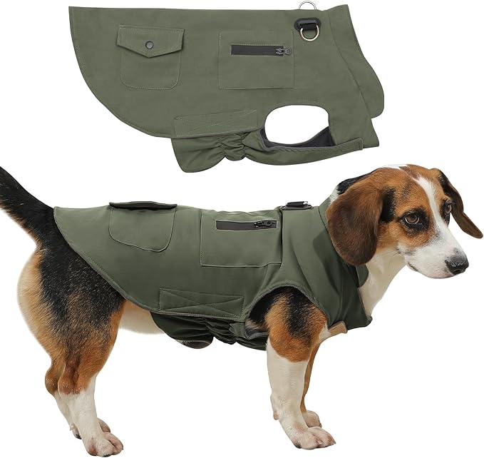 Workwear Style Dog Coats with Harness Built in for Small Dogs Windproof Warm Puppy Jacket with Storage Pockets for Cold Winter,Green XXL