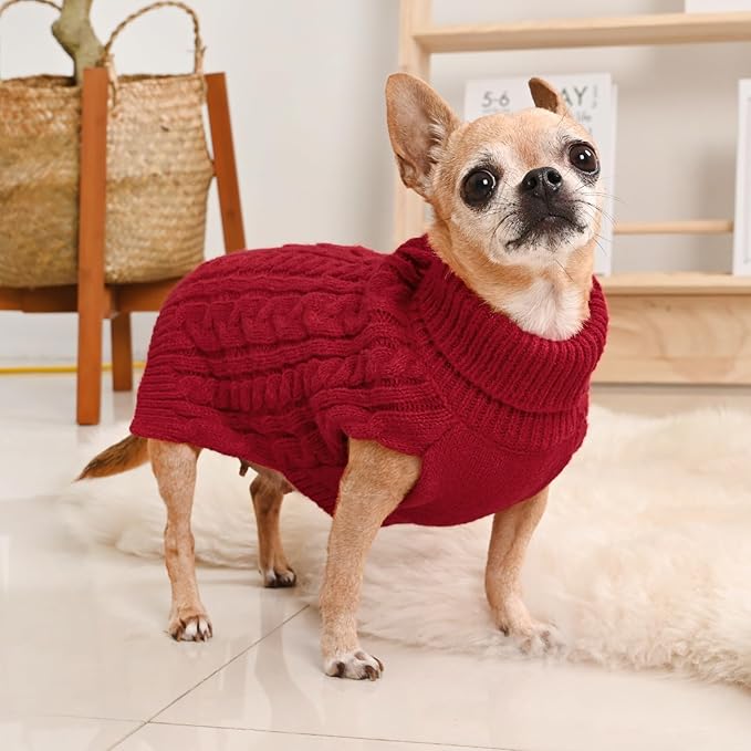 2 Pack Dog Sweaters for Small Dogs Turtleneck Pullover Cable Knit Puppy Stretch Clothes Chihuahua Yorkie Pomeranian Toy Poodle Boy Girl Pets Winter Doggie Clothes (S, Pink & Red)