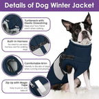 SUNFURA Dog Coat, XXL Dog Jacket Winter with Harness Built in, Waterproof Pet Snow Jacket with Furry Collar for Chilly Day, Reflective Fleece Snowsuit for Extra Large Dogs, Navy Blue 2XL