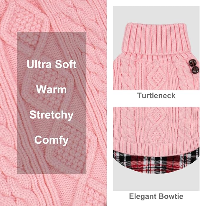 KYEESE Dog Sweater Stretchy Knitwear Cat Clothes with Gingham Patchwork Comfy Pet Coat for Fall Winter Cold Weather Soft Pullover Dog Sweaters for Small Dogs Girl Warm Turtleneck Small Dogs Sweater