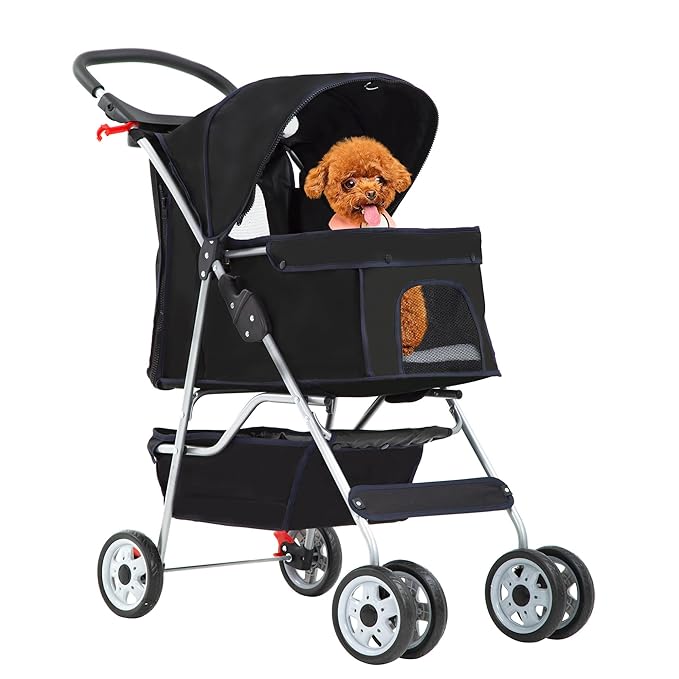 FDW Pet Stroller 4-Wheel Dog Cat Stroller Travel Folding Carrier with Cup Holder and Removable Liner for Small Medium Dogs Cats, Dark Black