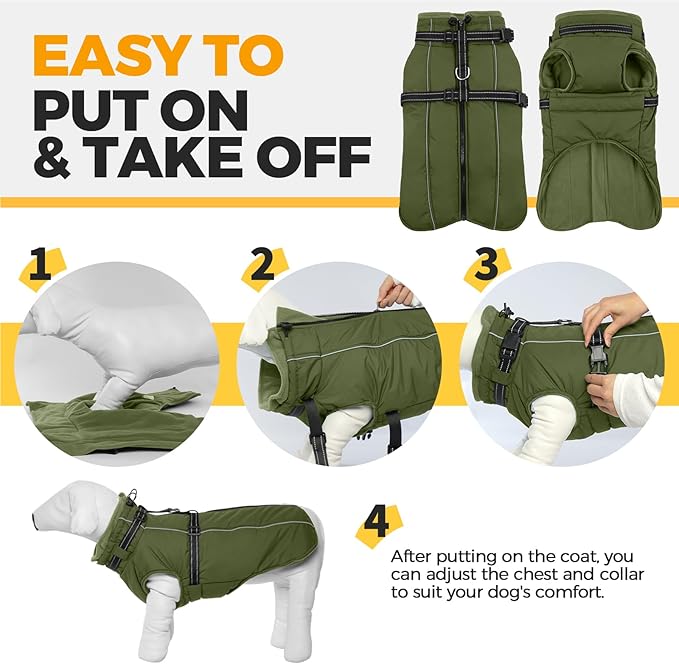 Lelepet Dog Coat with Harness Built in, Waterproof Dog Jacket for Large Dogs Reflective Winter Jacket with Zip Warm Cold Weather Coats for Dogs,Turtleneck Snowsuit, Great Dane, Army Green, XXXL