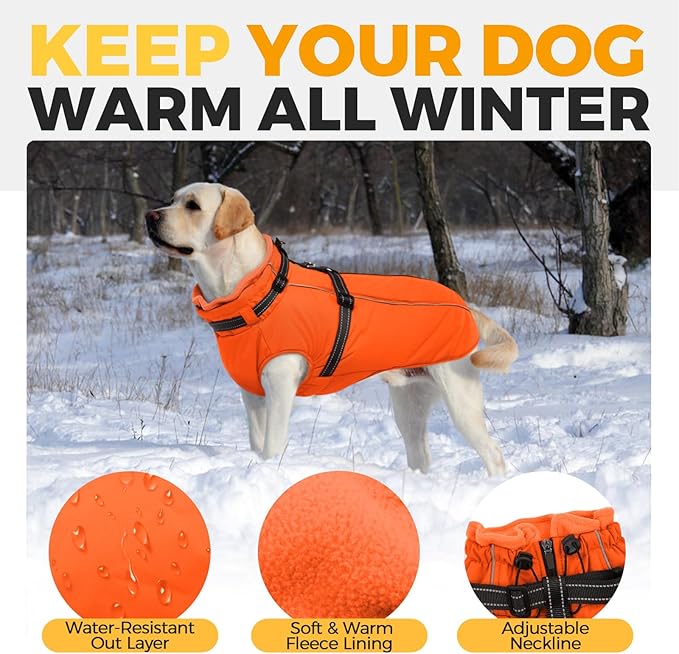 Lelepet Dog Winter Coat Waterproof Dog Jacket with Harness Built in Windproof Reflective Cold Weather Coats for Small Medium Large Dogs, Thermal Fleece Lined Coats for Walking Camping, Orange, XS