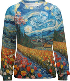 Long Sleeve Shirts for Women Cat Oil Painting Shirt 3D Graphic Sweatshirts Fall Pullover Crewneck Vintage Boho Tops