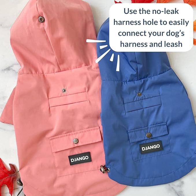 DJANGO Highland Dog Jacket & Raincoat – Water-Repellent, Lined Dog Coat with Hood, Adjustable Fit & Harness Hole – Lightweight Rain & Wind Jacket for Small & Medium Dogs up to 30 lbs (Pink, Small)