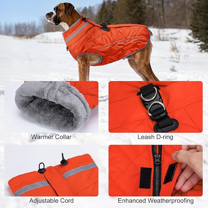Dog Coat, Warm Dog Winter Coat for Large Dogs, Waterproof Jacket with Harness Built in, Reflective Turtleneck Cold Weather Coats with Zipper,Pet Fleece Vest Snow Jacket, Orange L