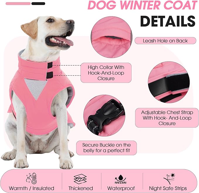 XXXL Dog Coat, Warm Dog Winter Jacket, Waterproof Dogs Snowsuit with Foldable High Collar, Reflective Strips, Leash Hole, and Adjustable Hook & Loop Closure - Ideal for Cold Weather - Pink 3XL