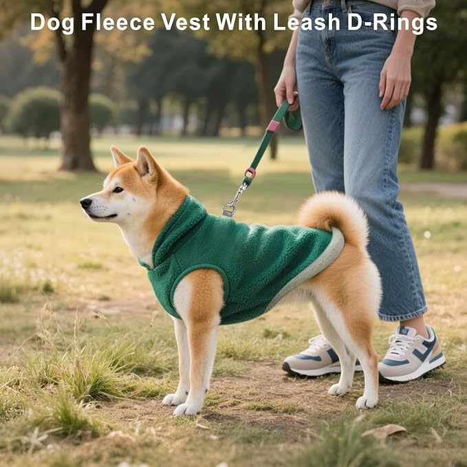 Idepet 2 Pack Dog Fleece Vest Sweater Warm Pullover Jacket with D-Ring Leash Reflective Winter Coat Hoodie for French Bulldog Pug Chihuahuas Yorkies Dachshunds(Dark Green&Grass Green, XX-Large)