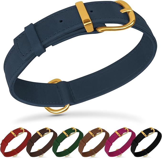 Leather Dog Collar - Heavy Duty Adjustable Soft Padded Pet Collars for Small Medium Large Dogs Breed - Black Green Brown Pink Red Blue (Smoky Blue, L, 15"-19" Neck Fit)
