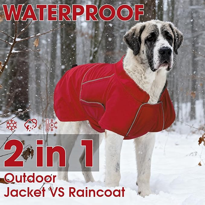 ROZKITCH Dog Raincoat Jacket, Waterproof Windproof Winter Coat with Fleece Liner and Leash Hole Reflective Strip for Large, Adjustable Poncho Vest for Outdoor Hiking Travel Red XL