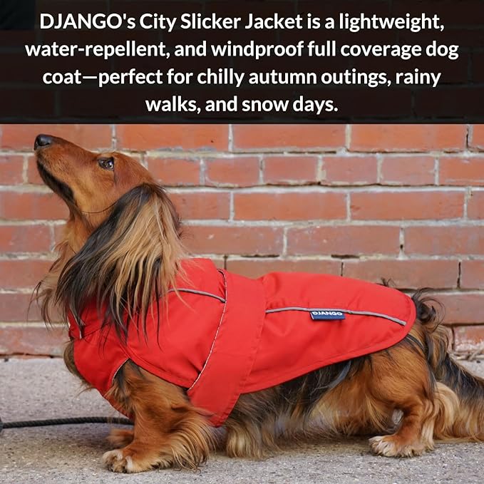 DJANGO Dog Jacket & Raincoat – Lightweight Water-Resistant Coat for Small, Medium & Long Dogs Like Dachshunds – Reflective, Adjustable Fit, Harness-Compatible & Easy-Access Harness Hole - Red, Medium
