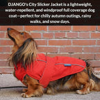 DJANGO Dog Jacket & Raincoat – Lightweight Water-Resistant Coat for Small, Medium & Long Dogs Like Dachshunds – Reflective, Adjustable Fit, Harness-Compatible & Easy-Access Harness Hole - Red, Large