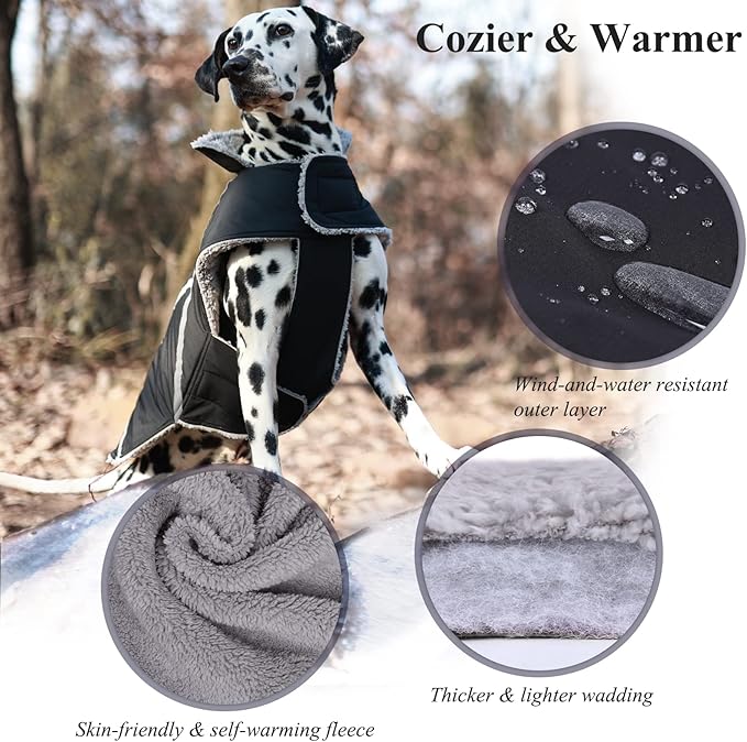 VIVAGLORY Frostfit Dog Coat, Dog Jacket for Winter & Cold Weather, Warm Fluffy Fleece Lined Water Resistant Reflective for Puppy, Coat with Velcro Fastening & Leash Hole, S, Black