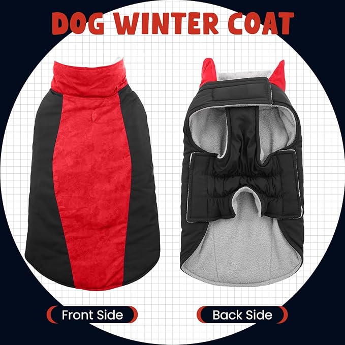 Warm Dog Coat,Waterproof Jacket in Winter Adjustable and Reversible Doggy Fleece Outfit,Thick Clothes with Foldable Collar for Puppy in Cold Days,M Red