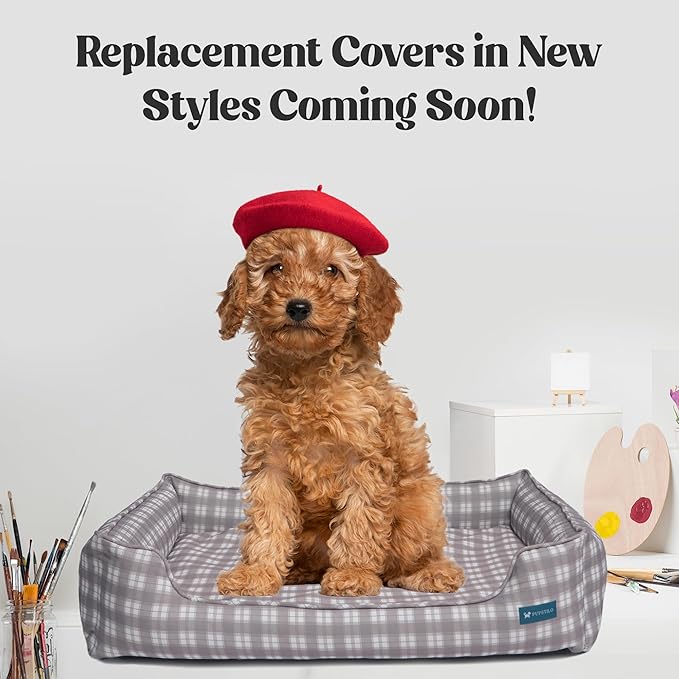 Orthopedic Bolster Dog Bed – CertiPUR-US Foam, Recycled Polyester Canvas, Washable Cover, Anti-Slip Bottom, Large, Grey Plaid – Stylish Designer Dog Sofa