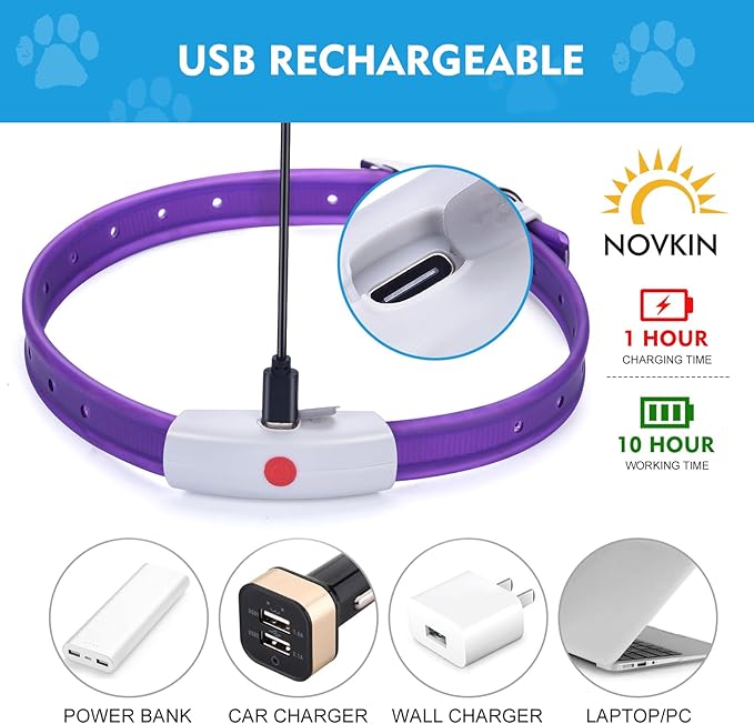 Lighted Dog Collar, Rechargeable Light Up Pet Collar, Waterproof LED Dog Collar Glow in The Dark, Make Pet Visible and Safety for Night Walking for Small Medium Large Dogs (Purple)