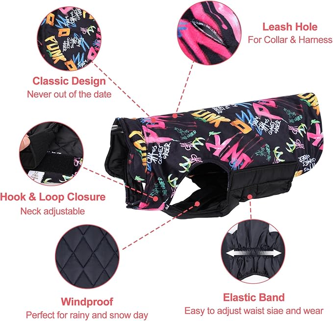 GMF31S Winter Dog Jacket - Reversible, Windproof & Waterproof, Thick Soft Coat with Leash Hole for Small, Medium & Large Dogs