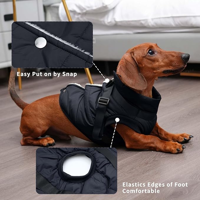 Dog Jacket with Harness,Fleece Lined Warm Puppy Coat for Winter,Soft Windproof Medium Dog Vest,Black L