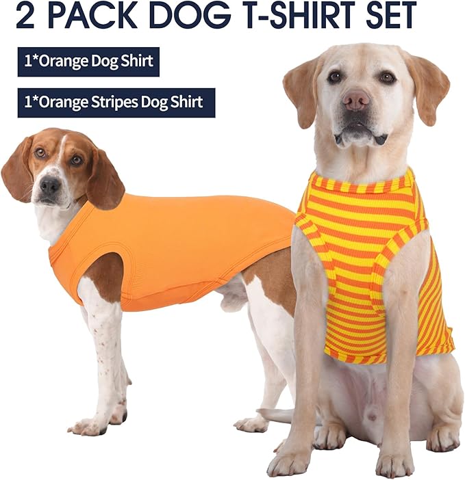 IECOii 2 Pack Dog T-Shirts,Stretchy & Comfortable Pet Summer Tank Top Clothes,Fade-Resistant, Easy to Put On – Machine Washable Tshirts for Medium Breeds Dogs,Orange+Stripes,XLarge