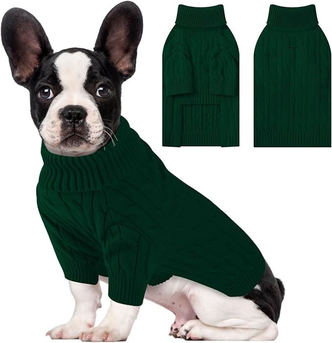 Small Dog Thermal Pullover Sweater, Classic Turtleneck Cable Knitwear Dog Clothes for Cold Weather Warm Pet Clothes for Chihuahua, Bulldog, Dachshund, Pug Green Small