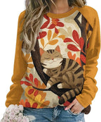 Abstract Cute Cat Shirts for Women Long Sleeve Lady Crewneck Pullover Sweatshirt Fall Winter Oversized Tops
