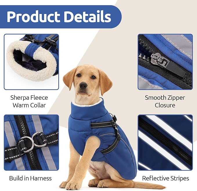 Dog Winter Coat with Harness Built in Warm Puffer Dog Jackets for Small Medium Large Dogs Windproof Waterproof Outfit with Plush Lining and Reflective Stripes (Blue, S)